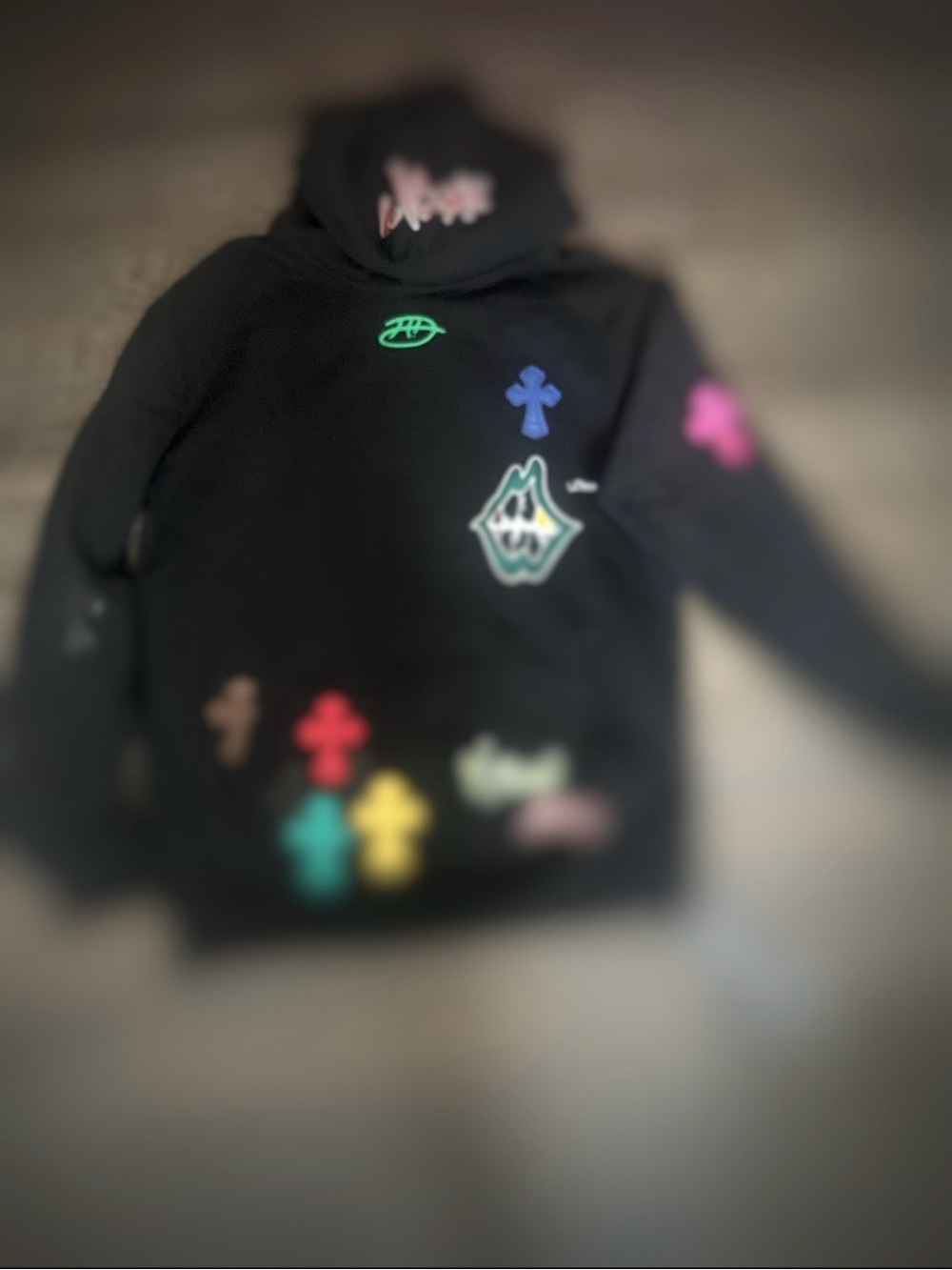 Men Black Graphic Hoodie with Multicolor Patches